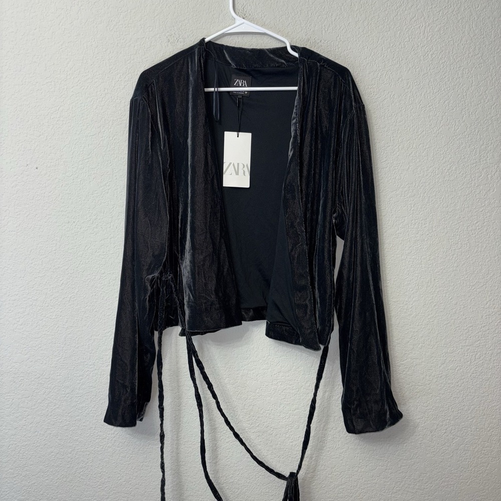NWT Zara Black Metalic Velvet Wrap Long Sleeve Top Women's Size L